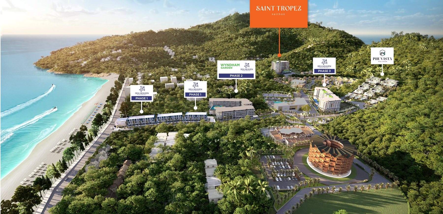 Карта расположения Saint Tropez Naithon относительно пляжа и других фаз застройки